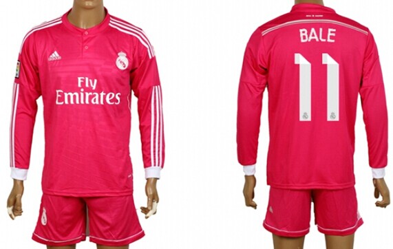 2014/15 Real Madrid #11 Bale Away Pink Soccer Long Sleeve Shirt Kit