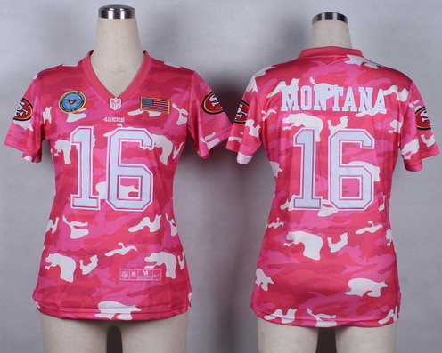Nike San Francisco 49ers #16 Joe Montana 2014 Salute to Service Pink Camo Womens Jersey