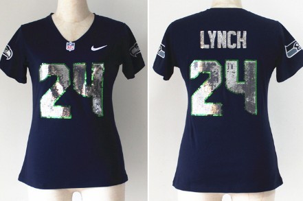 Nike Seattle Seahawks #24 Marshawn Lynch Handwork Sequin Lettering Fashion Blue Womens Jersey