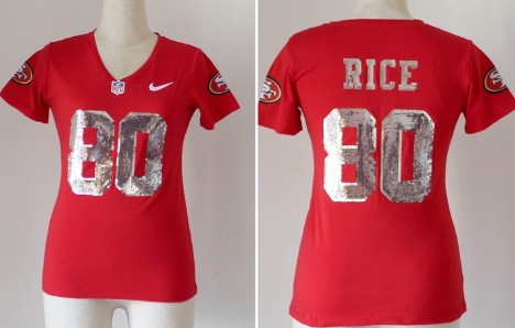 Nike San Francisco 49ers #80 Jerry Rice Handwork Sequin Lettering Fashion Red Womens Jersey
