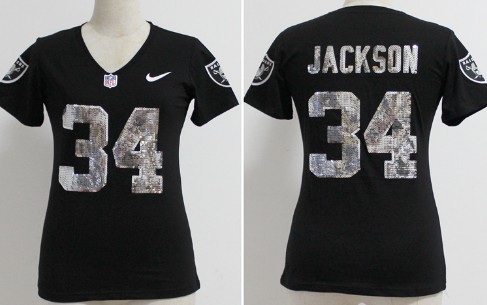 Nike Oakland Raiders #34 Bo Jackson Handwork Sequin Lettering Fashion Black Womens Jersey