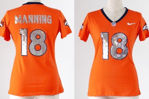 Nike Denver Broncos #18 Peyton Manning Handwork Sequin Lettering Fashion Orange Womens Jersey