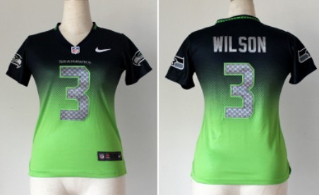 Nike Seattle Seahawks #3 Russell Wilson Navy Blue/Green Fadeaway Womens Jersey