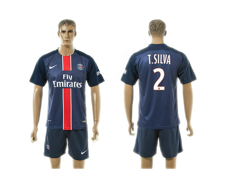 2015-2016 PSG Jersey Blue Soccer Uniform Short Sleeves #2 T.SILVA