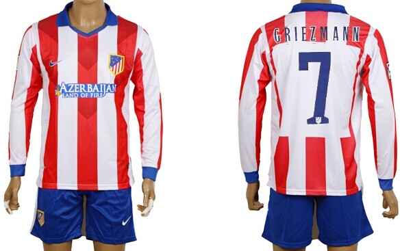 2014/15 Atletico Madrid #7 Griezmann Home Soccer Long Sleeve Shirt Kit