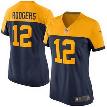 Women's Green Bay Packers #12 Aaron Rodgers Navy Blue With Gold NFL Nike Game Jersey